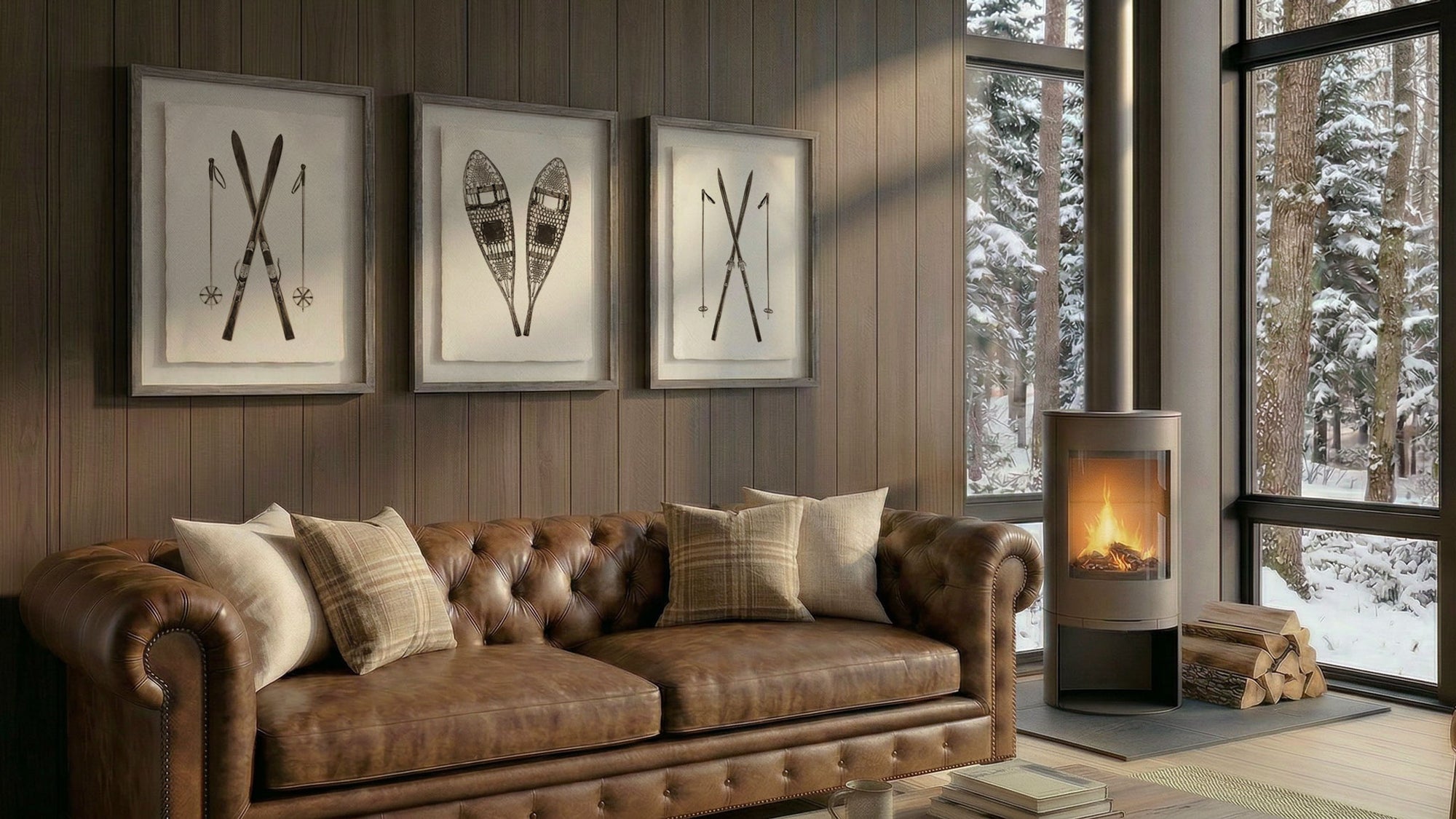 antique winter and ski art printed on handmade paper